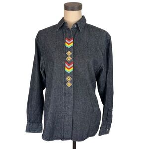 Vintage Wrangler women’s Beaded Southwest black denim‎ button up shirt SZ M